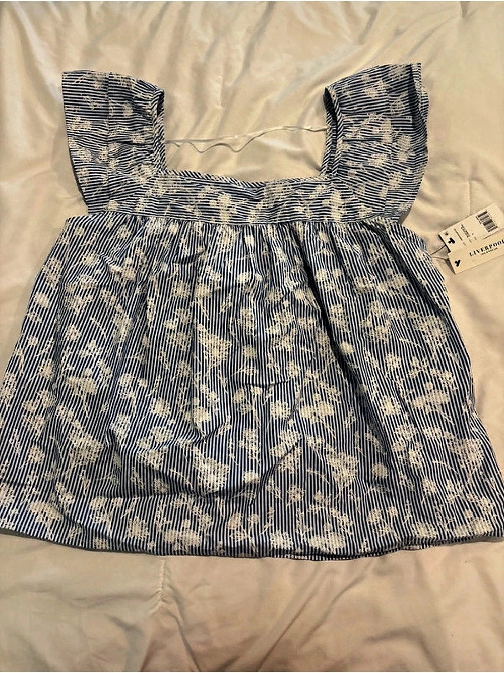 Liverpool Los Angeles Beau Square Neck Blouse Blue & White Small NWT